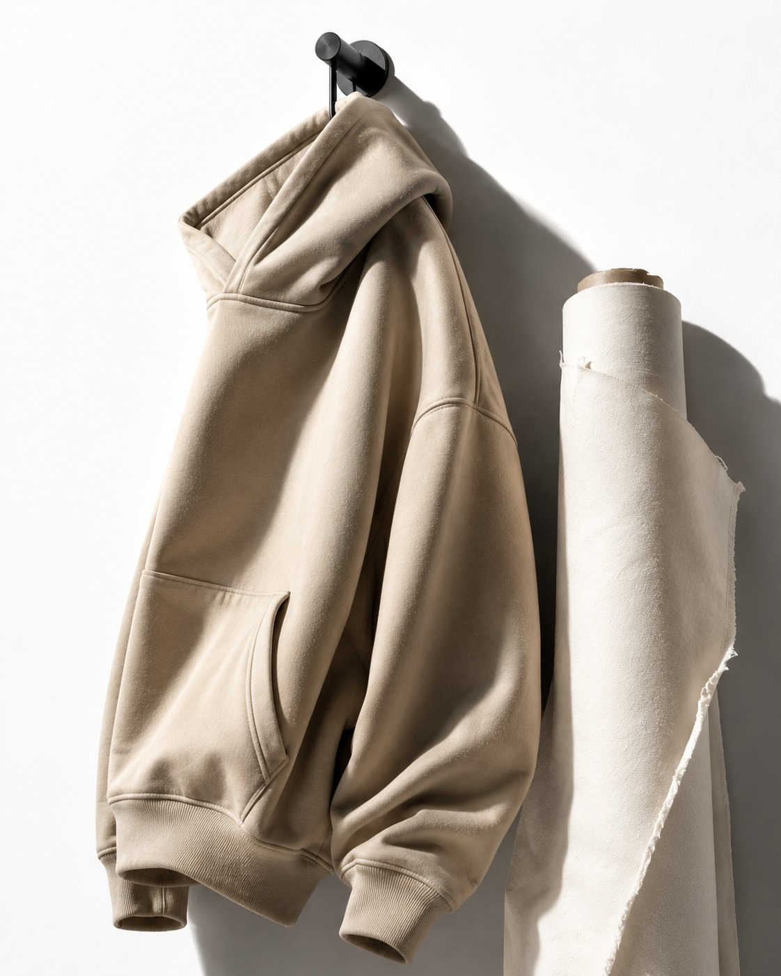 Cream hoodie on hanger beside a roll of natural fabric — craft and material