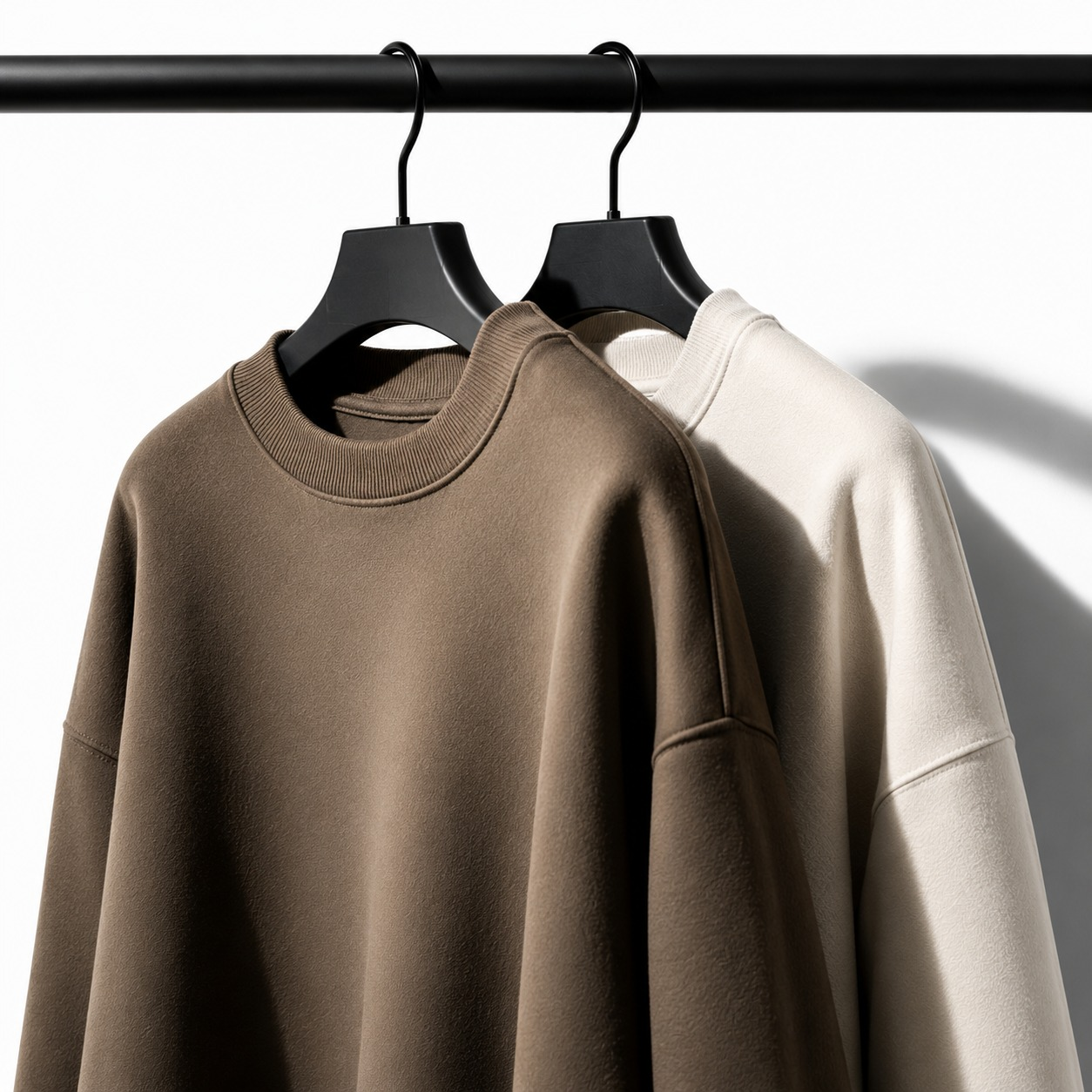 Brown and cream crewneck sweatshirts on hangers — custom apparel by Safir Wear