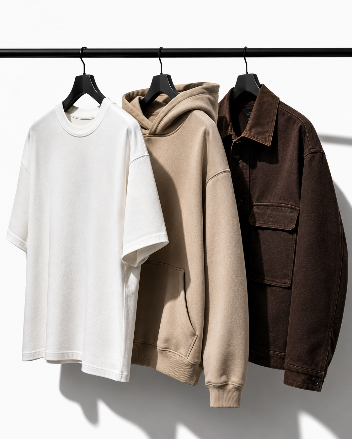 Three custom garments on hangers — white tee, sand hoodie and brown utility jacket by Safir Wear